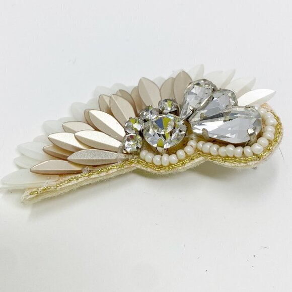 White Cream Beaded Crystal Geometric Semicircle Fan Statement Earrings - Picture 4 of 6